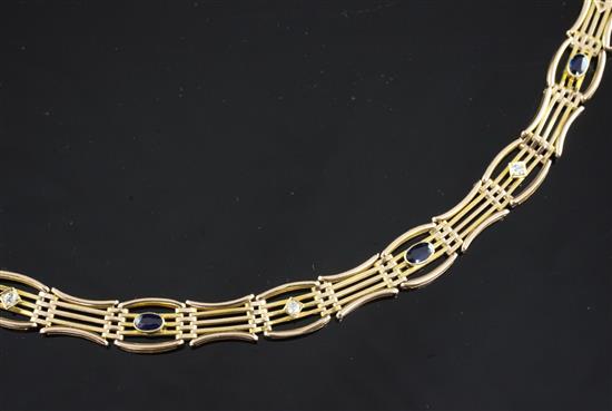 An Edwardian 15ct gold, sapphire and diamond gate link bracelet, 6.75in.